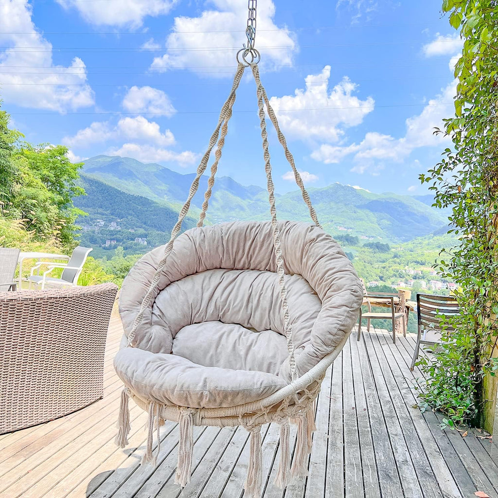 Hammock Chair with Cushion and S Hooks, Handmade Macrame Swing Chair with Hanging Hardware Kits, Bohemian Style Cotton Rope Hanging Chair for Bedroom Indoor Outdoor