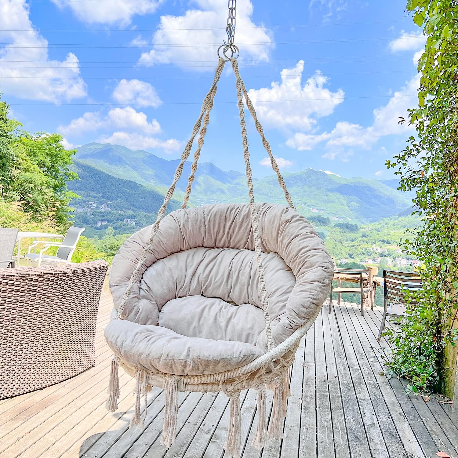 Hammock Chair with Cushion and S Hooks, Handmade Macrame Swing Chair with Hanging Hardware Kits, Bohemian Style Cotton Rope Hanging Chair for Bedroom Indoor Outdoor