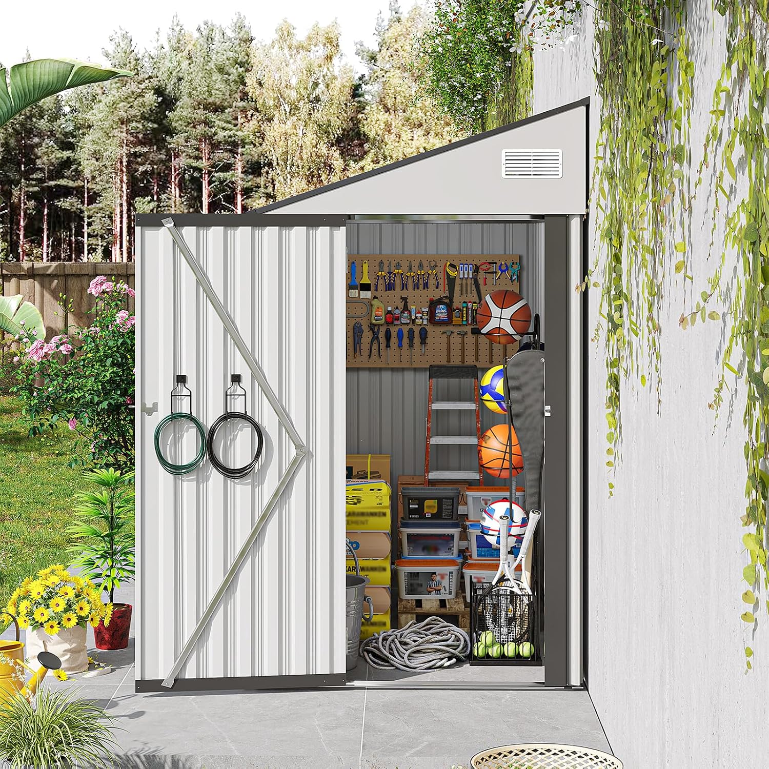 8 X 4 Ft Outdoor Storage Shed, Metal Garden Tool Shed with Lockable Door, Outdoor Door Storage Cabinet for Patio, Garage, Poolside, Bikes, and Garden (White)