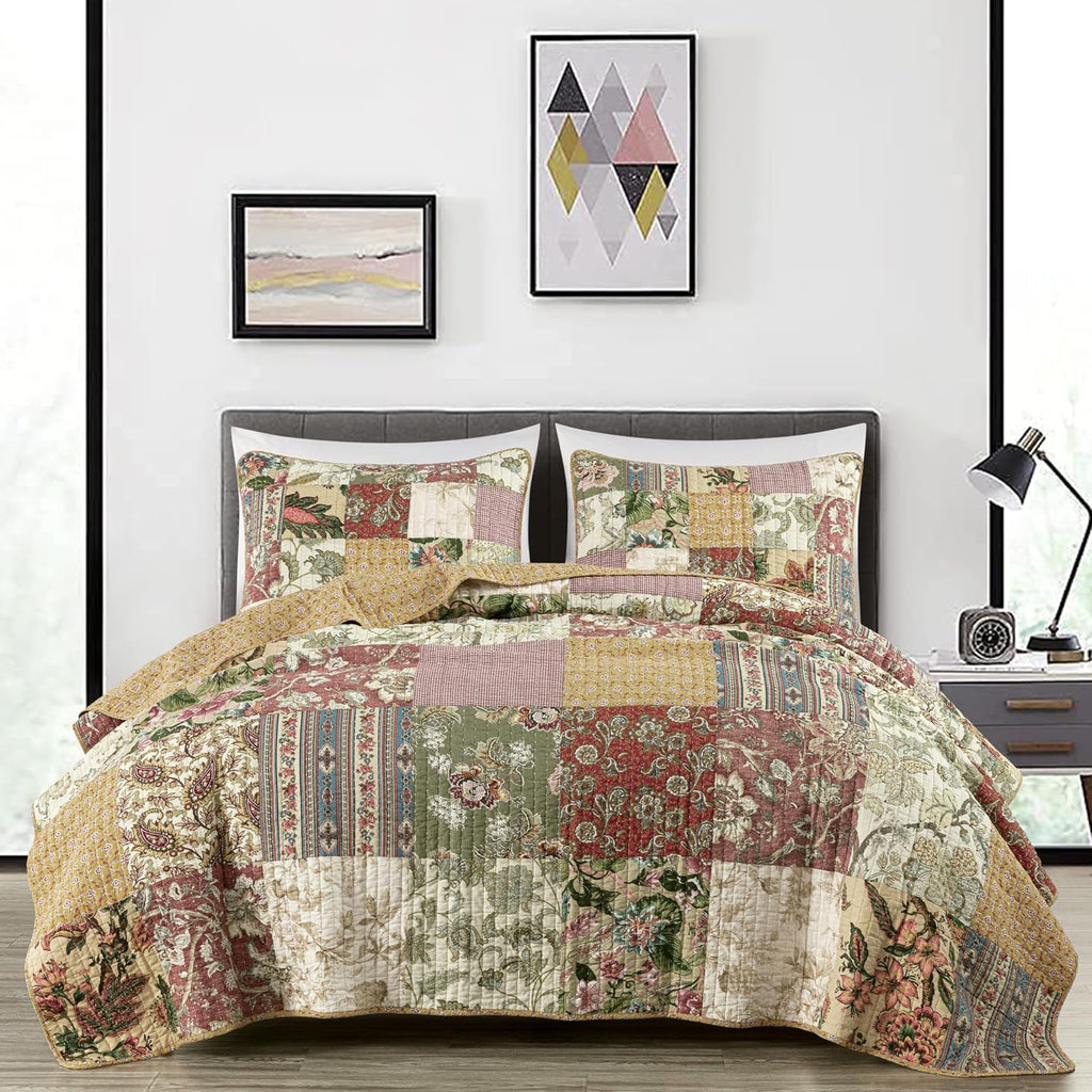 Chezmoi Collection Delaney 3-Piece Floral Patchwork Pre-Washed 100% Cotton Quilt Set, Oversized King