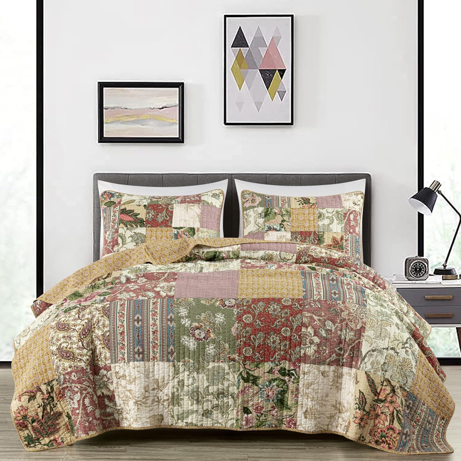 Chezmoi Collection Delaney 3-Piece Floral Patchwork Pre-Washed 100% Cotton Quilt Set, Oversized King