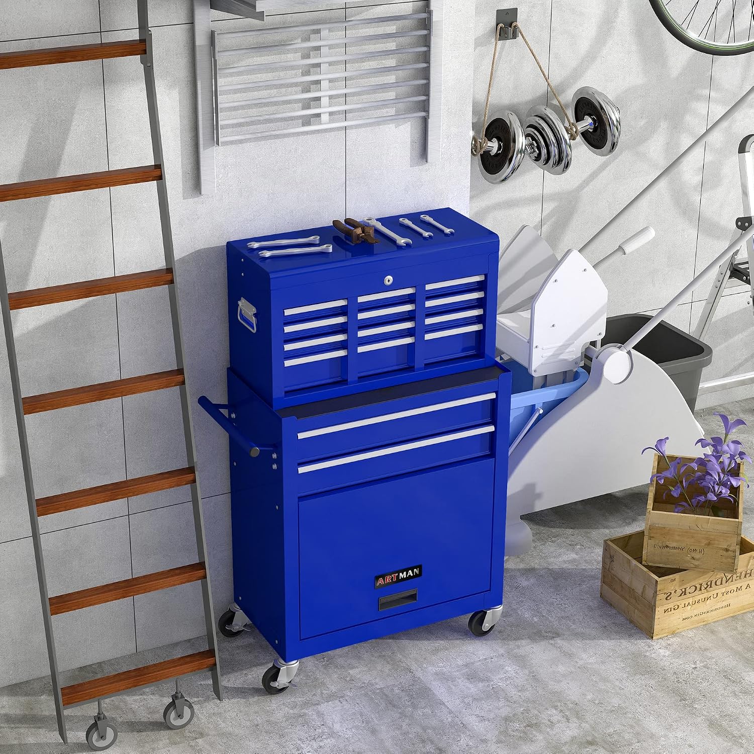 High Capacity Rolling Tool Chest with 8-Drawer Tool Box on Wheels Multifunctional Tool Cart Mechanic Tool Storage Cabinet for Garage, Warehouse, Workshop, Repair Shop (Blue)