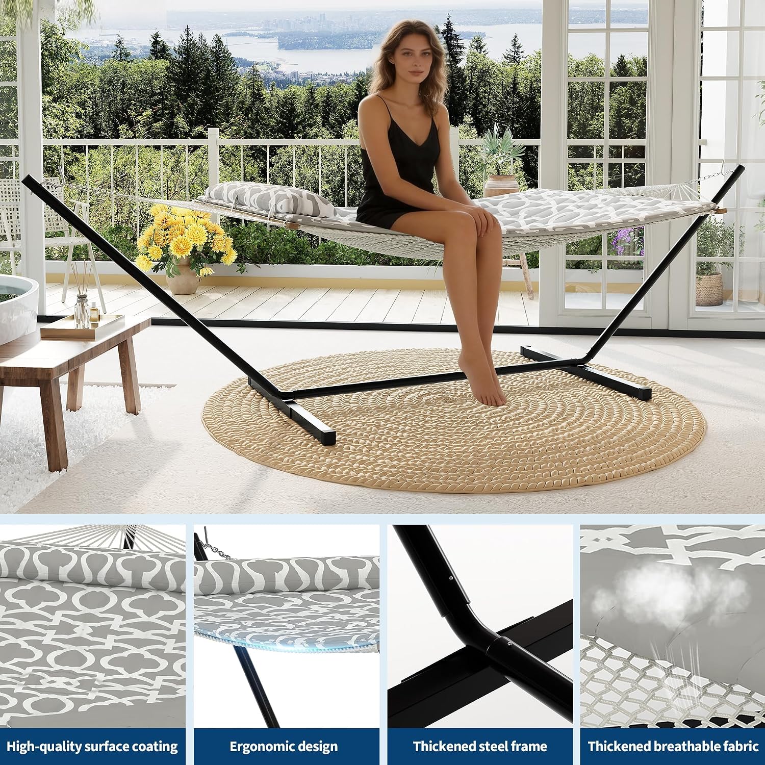 GarveeHome Double Hammock with Heavy-Duty Steel Stand, 2 Person Portable Hammock, 450LBS Max Weight Capacity, Easy Assembly, Ideal for Indoor, Backyard, Camping & Outdoor Use
