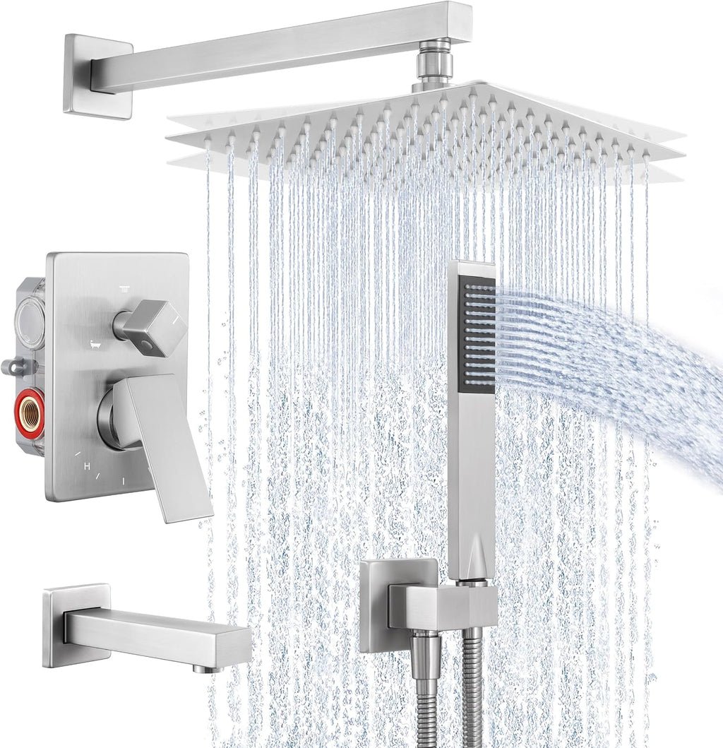 KES Shower System Pressure Balancing Shower Valve with Tub Faucet Spout Set Handheld and 10 Inch Rainfall Shower Head Combo All Metal Brushed Finish, XB6300-BN