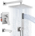 KES Shower System Pressure Balancing Shower Valve with Tub Faucet Spout Set Handheld and 10 Inch Rainfall Shower Head Combo All Metal Brushed Finish, XB6300-BN