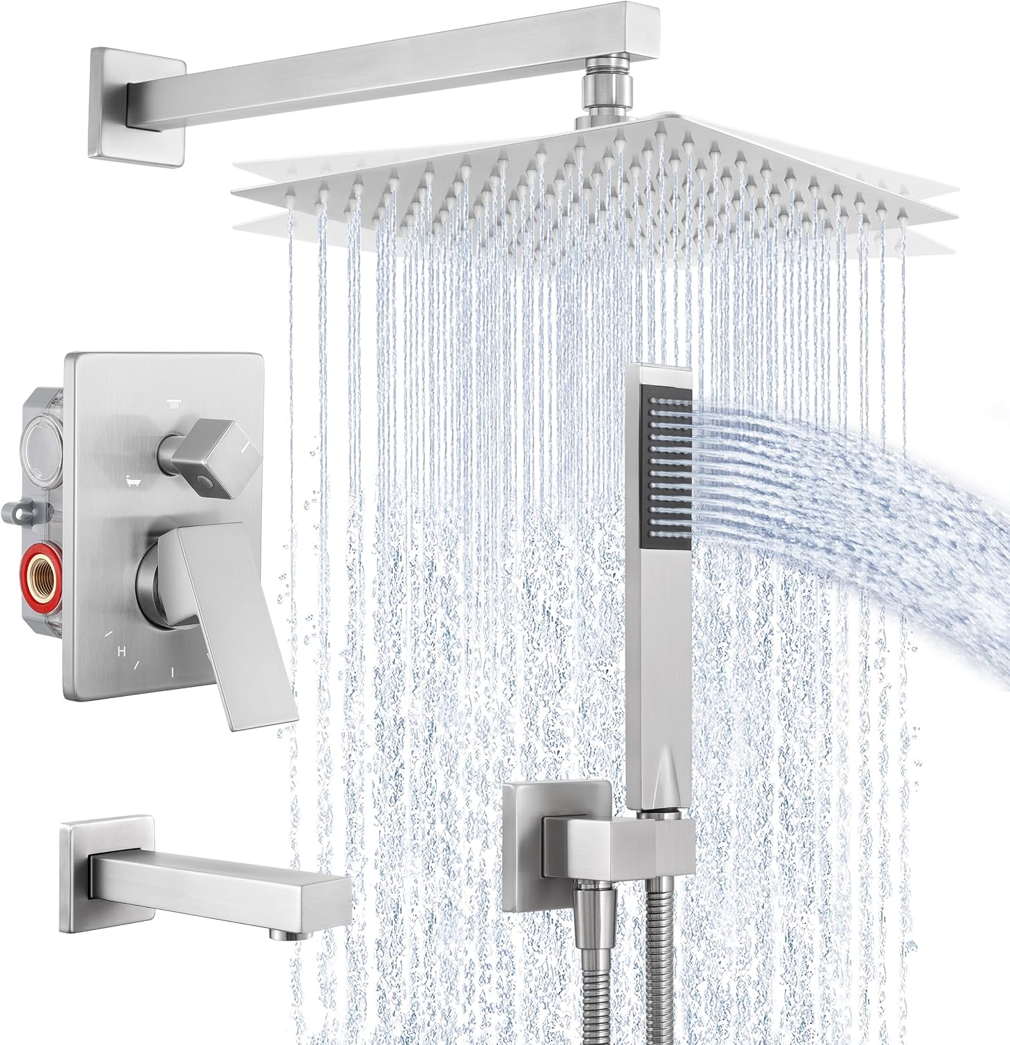 KES Shower System Pressure Balancing Shower Valve with Tub Faucet Spout Set Handheld and 10 Inch Rainfall Shower Head Combo All Metal Brushed Finish, XB6300-BN
