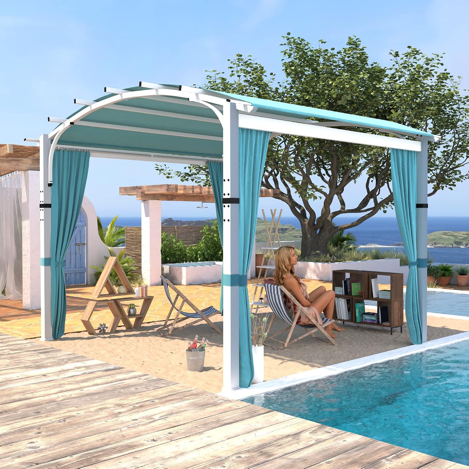 10' x 10' Outdoor Pergola, Pergola Canopy for Patio, Arched Roof Metal Pergola with Full Coverage Sun Shade Canopy, Tiffany Blue Tiffany Blue Sidewalls