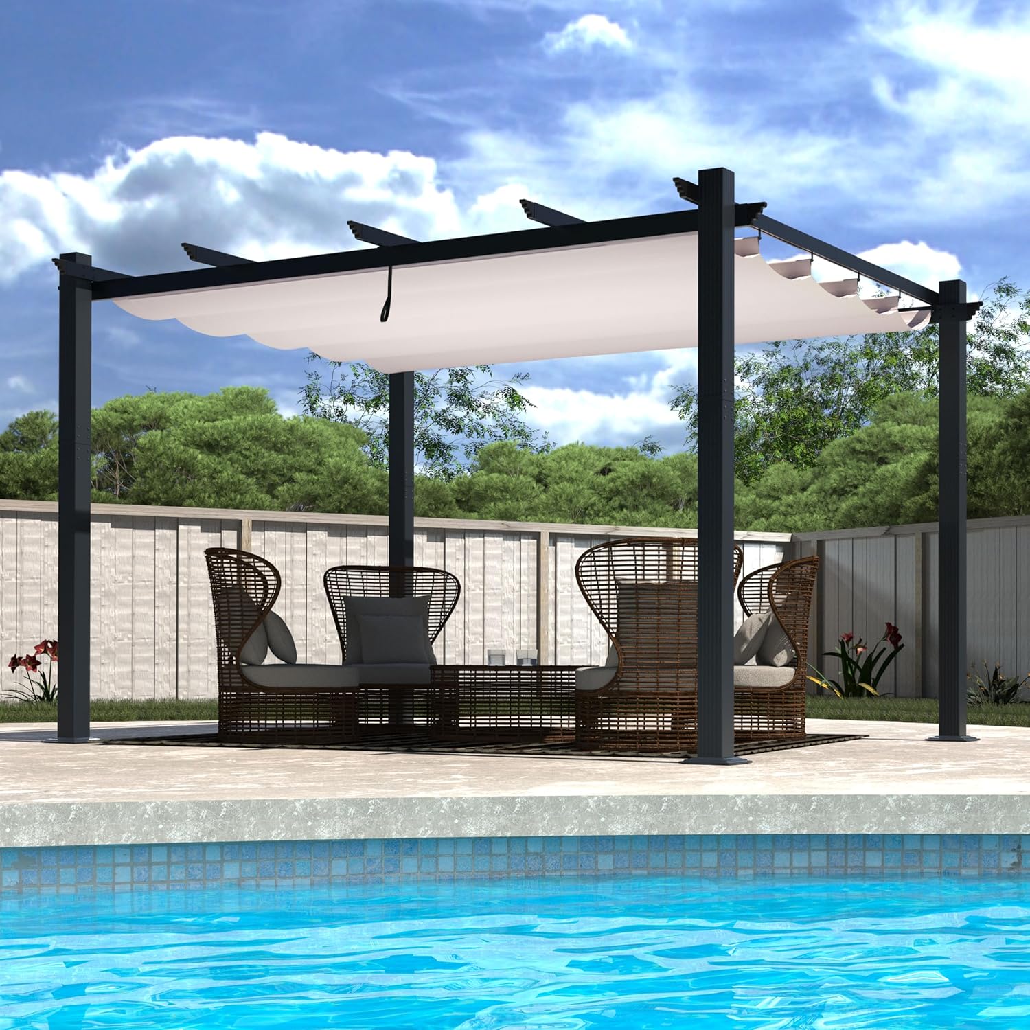 Yardenaler 10x13 FT Pergola with Retractable Sun Shade Canopy, Aluminum Patio Shelter Grape Trellis for Garden, Backyard, Porch, Cream White