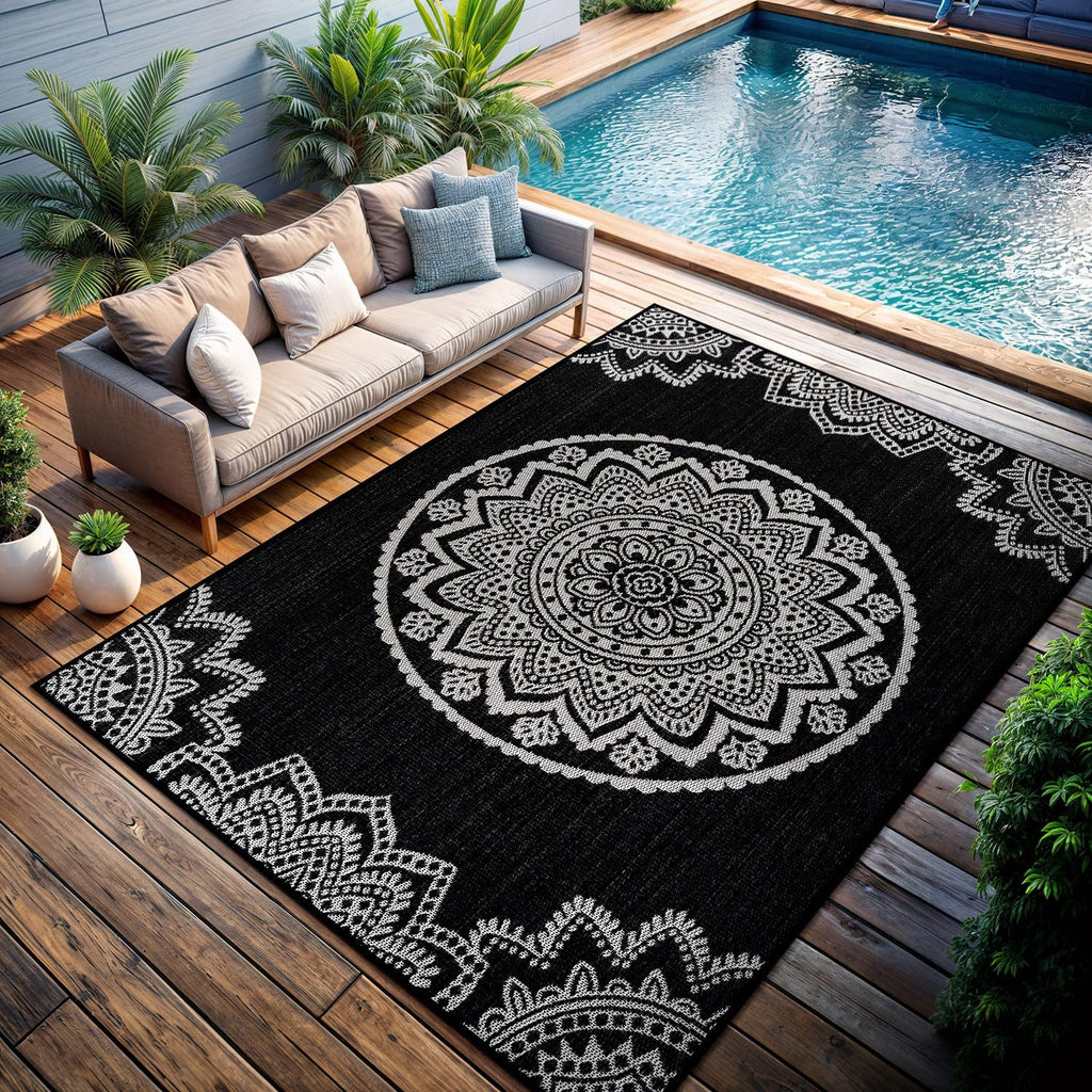 CAMILSON Outdoor Rug 8x10 Modern Area Rugs for Indoor and Outdoor Patios and Porches - Waterproof Washable Non-Shedding Easy-to-Clean Outside Carpet (8 x 10 Medallion - Black/White)