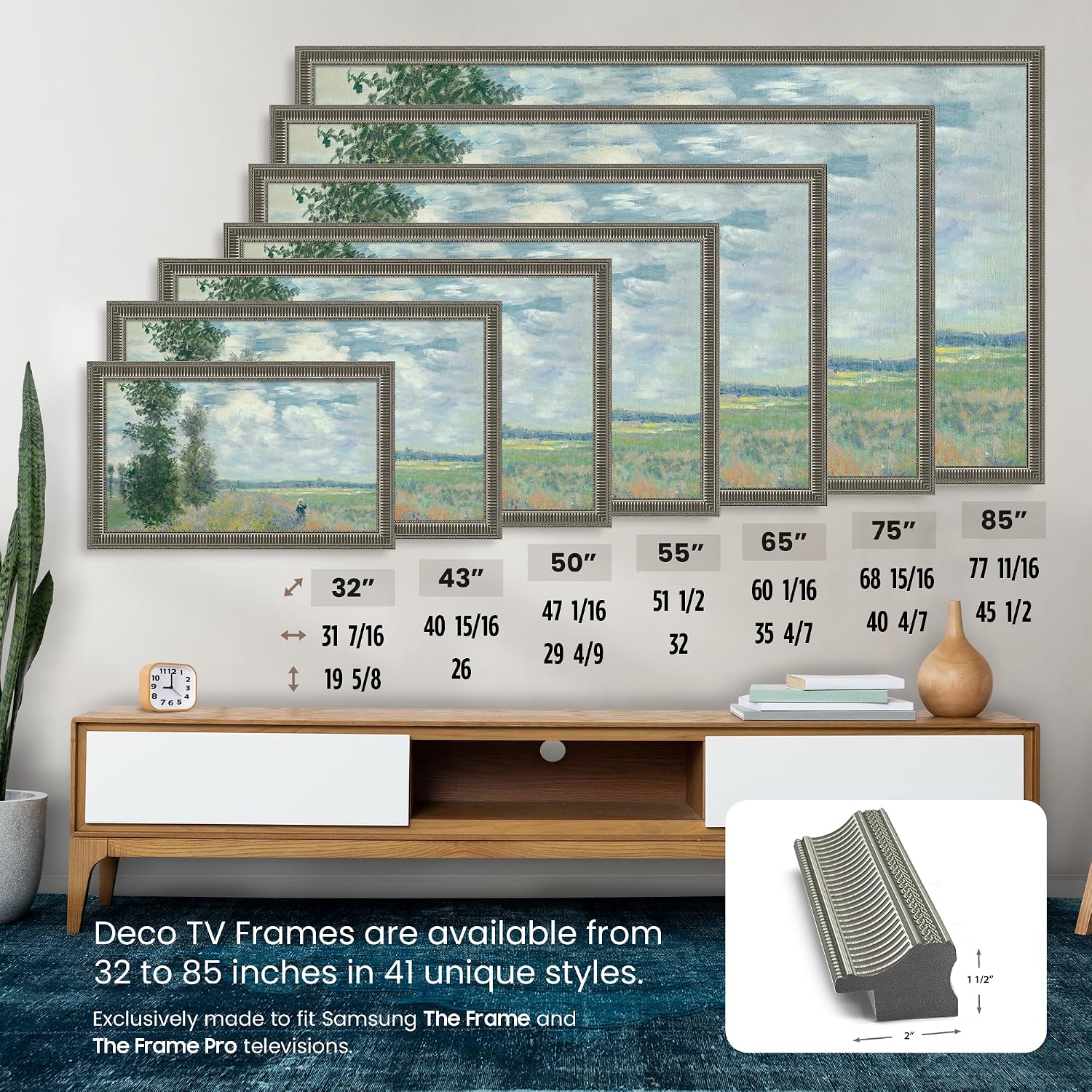 Empire Silver 50' Slim Deco TV Frame - Compatible ONLY with Samsung The Frame TVs (Fits 2021-2026, LS03A, LS03B, LS03C, LS03D, LS03FA)