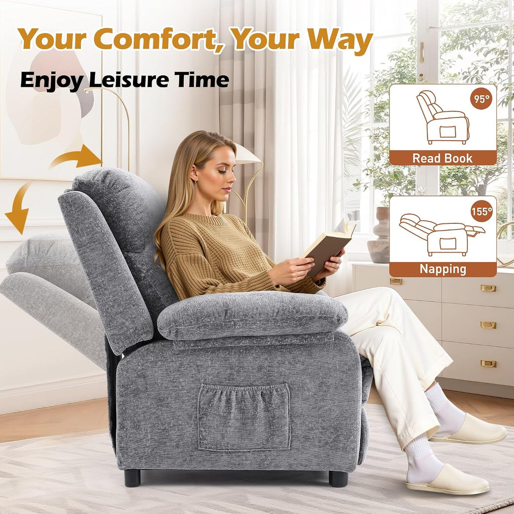 Korser Recliner Chair, Living Room Chairs for Adults, Padded Deep Seat Reading Chair with Side Pockets, Small Recliners for Small Spaces, Lounge Chair for Living Room, Bedroom, and RV (Chenille)