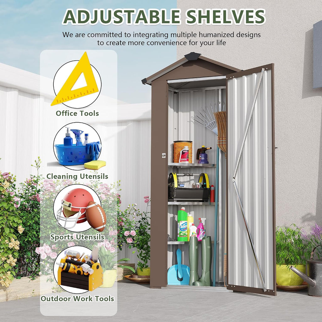 Metal Garden Storage Shed with Lockable Door, Garden Tool Shed with Adjustable Shelves (Brown)