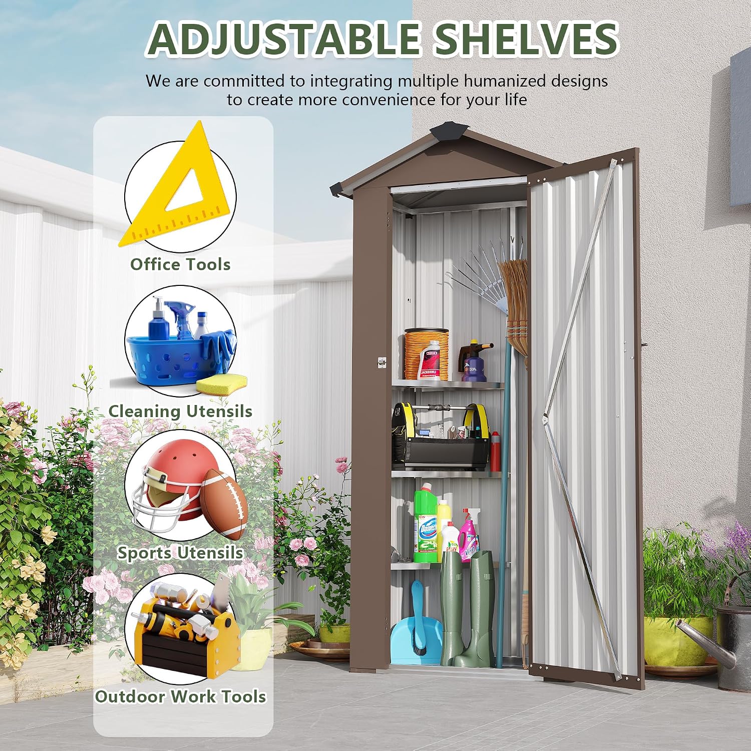 Metal Garden Storage Shed with Lockable Door, Garden Tool Shed with Adjustable Shelves (Brown)