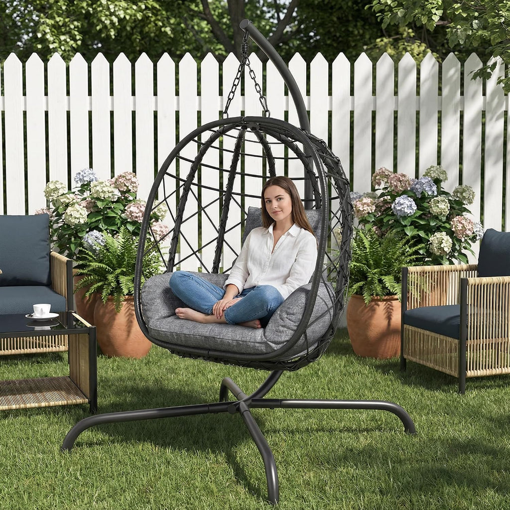 Foldable Hanging Egg Chair with Stand - Wicker Swing Hammock Chair with Cushion - for Patio Porch Balcony Weight Capacity 350lbs (Light Gray)