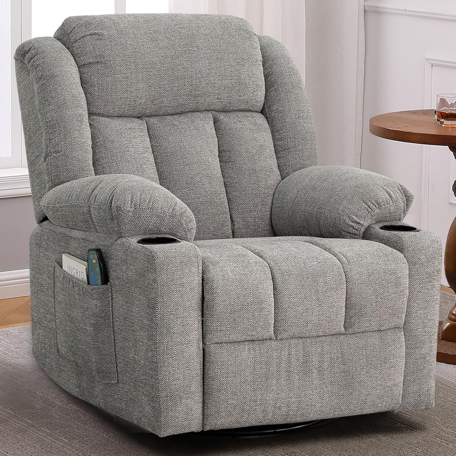 Ketaiyou Rocker Swivel Recliner Chair for Adults, Overstuffed Large Manual Recliner Glider with Massage and Heat, Comfy Soft Fabric Living Room Reclining Sofa Chair (Lime Gray)
