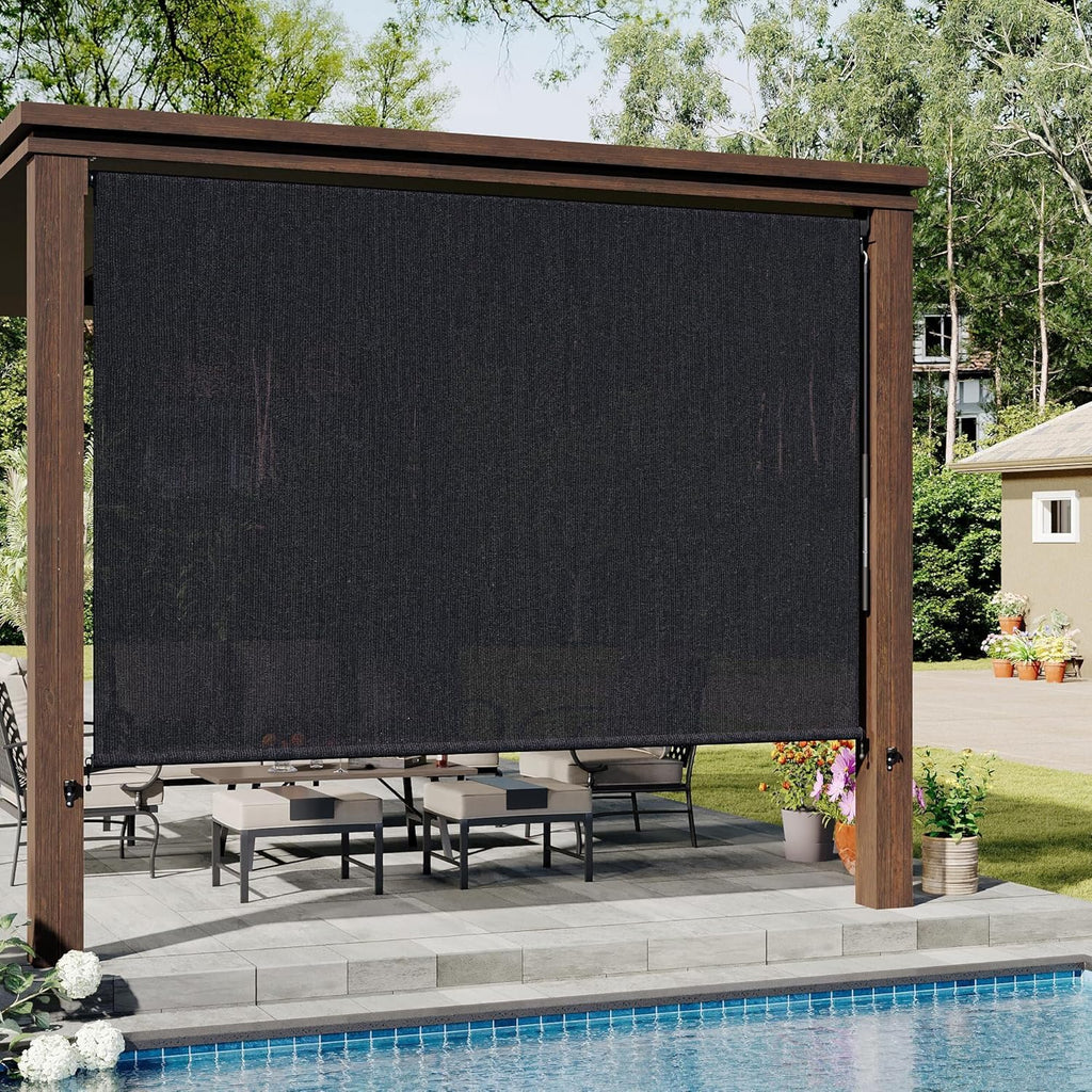VICLLAX Outdoor Roller Shade (10' W×8' L), Patio Cordless Roller Blinds, Exterior Roll Up Shade with Spliced Design for Patio Porch Gazebo, Graphite