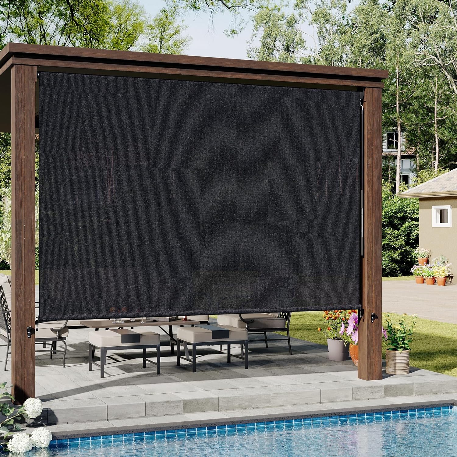 VICLLAX Outdoor Roller Shade (10' W×8' L), Patio Cordless Roller Blinds, Exterior Roll Up Shade with Spliced Design for Patio Porch Gazebo, Graphite