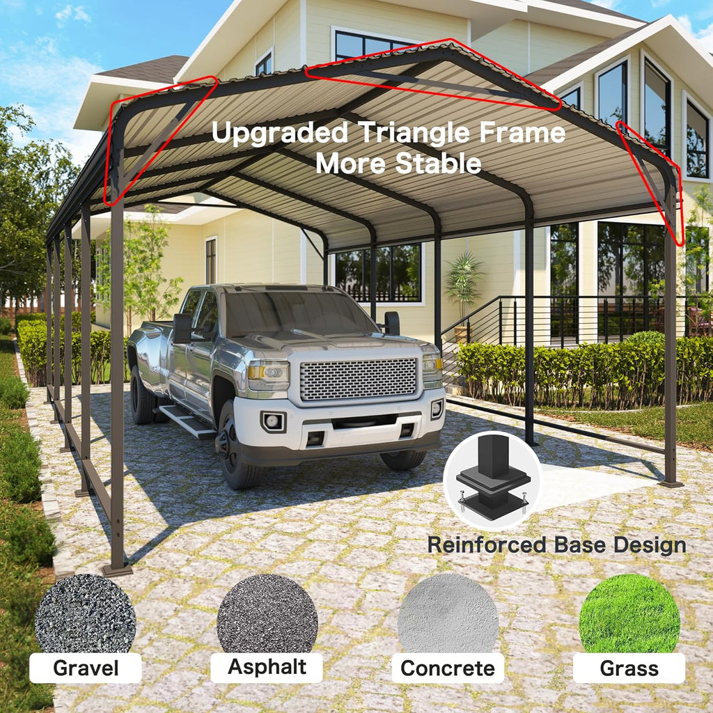 12x20 FT Metal Carport, Heavy Duty Carport Canopy with Galvanized Steel Roof and Frame, Outdoor Storage Car Port with Enhanced Base, Multi-Use Car Garage for Pickup, Car, Truck, Boat and Tractor, Grey