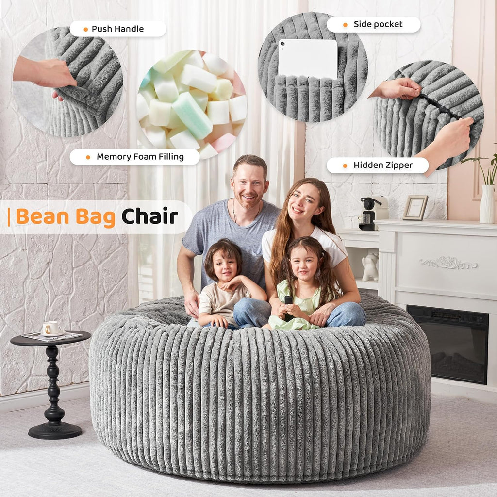 HABUTWAY 6FT Bean Bag Chair, 6' Large Bean Bag Chairs for Adults with Removable Stripe Plush Cover, Memory Foam Beanbag Chair for Living Room Bedroom Dorm，Grey