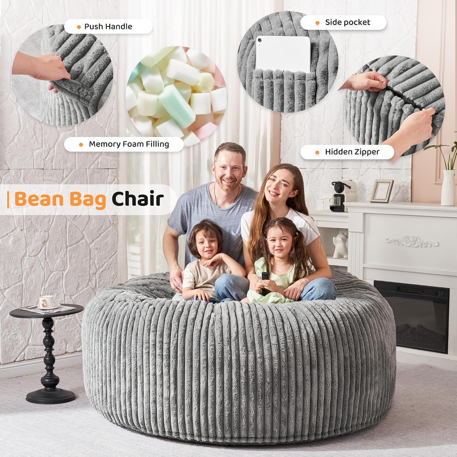 HABUTWAY 6FT Bean Bag Chair, 6' Large Bean Bag Chairs for Adults with Removable Stripe Plush Cover, Memory Foam Beanbag Chair for Living Room Bedroom Dorm，Grey
