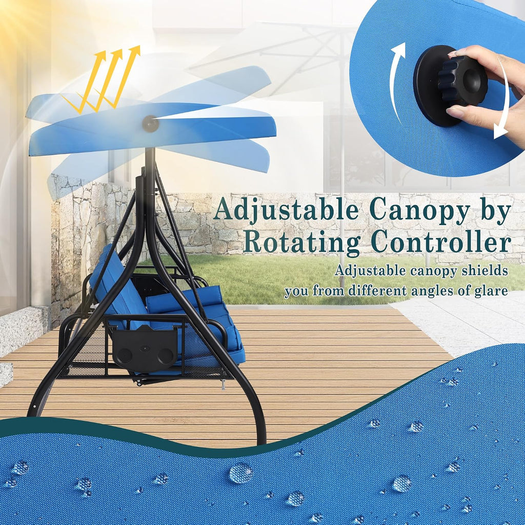 MAGIC UNION 3-Seat Outdoor Patio Swings with Canopy Adjustable Porch Swing with Stand, Upgrade Pillows Cushions and Foldable Side Tray for Patio, Backyard (Blue)