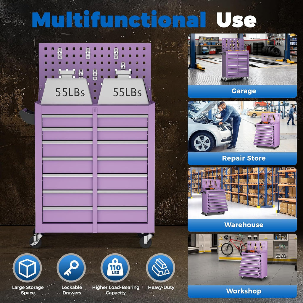 INTERGREAT 7 Drawers Rolling Tool Box with Pegboard,Portable Tool Chest with Wheels, Tool Box Organizer with Locking System for Garage(Purple)
