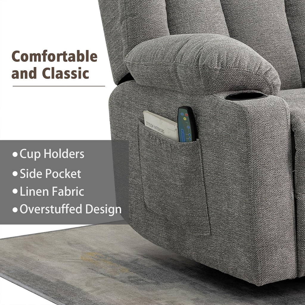 Ketaiyou Rocker Swivel Recliner Chair for Adults, Overstuffed Large Manual Recliner Glider with Massage and Heat, Comfy Soft Fabric Living Room Reclining Sofa Chair (Lime Gray)
