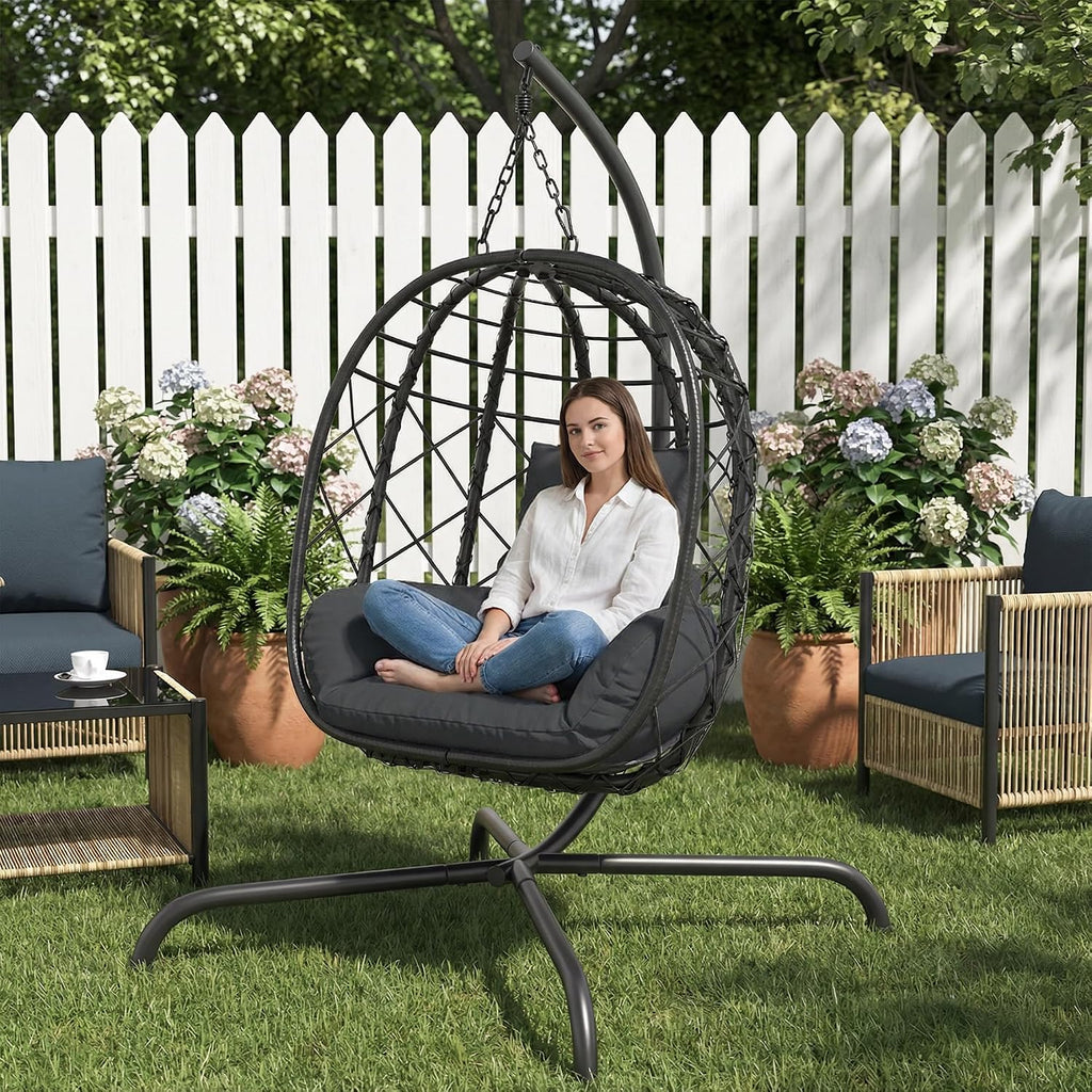 Foldable Hanging Egg Chair with Stand - Wicker Swing Hammock Chair with Cushion - for Patio Porch Balcony Weight Capacity 350lbs (Dark Gray)