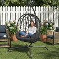 Foldable Hanging Egg Chair with Stand - Wicker Swing Hammock Chair with Cushion - for Patio Porch Balcony Weight Capacity 350lbs (Dark Gray)