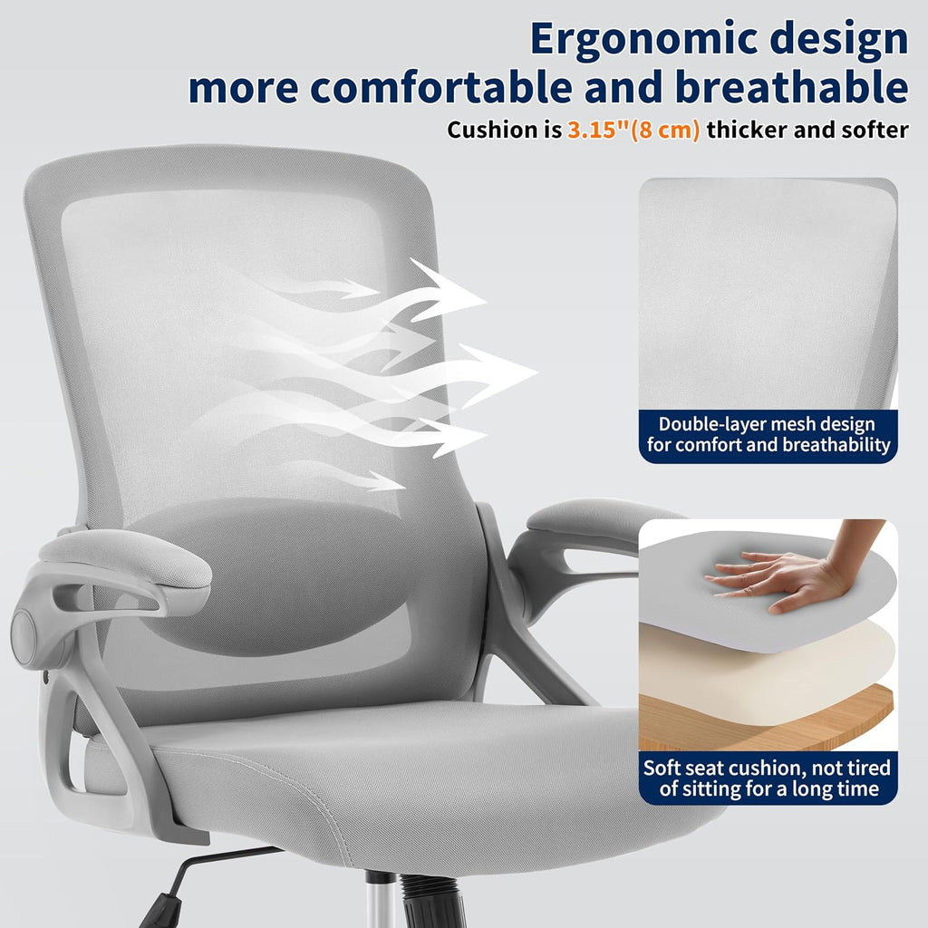 Ergonomic Office Chair, Desk Chair with Adjustable Lumbar Support, Breathable Mesh Comfy Computer Chairs with Flip-up Armrests Executive Task Chair for Adults Home Office (Gray)