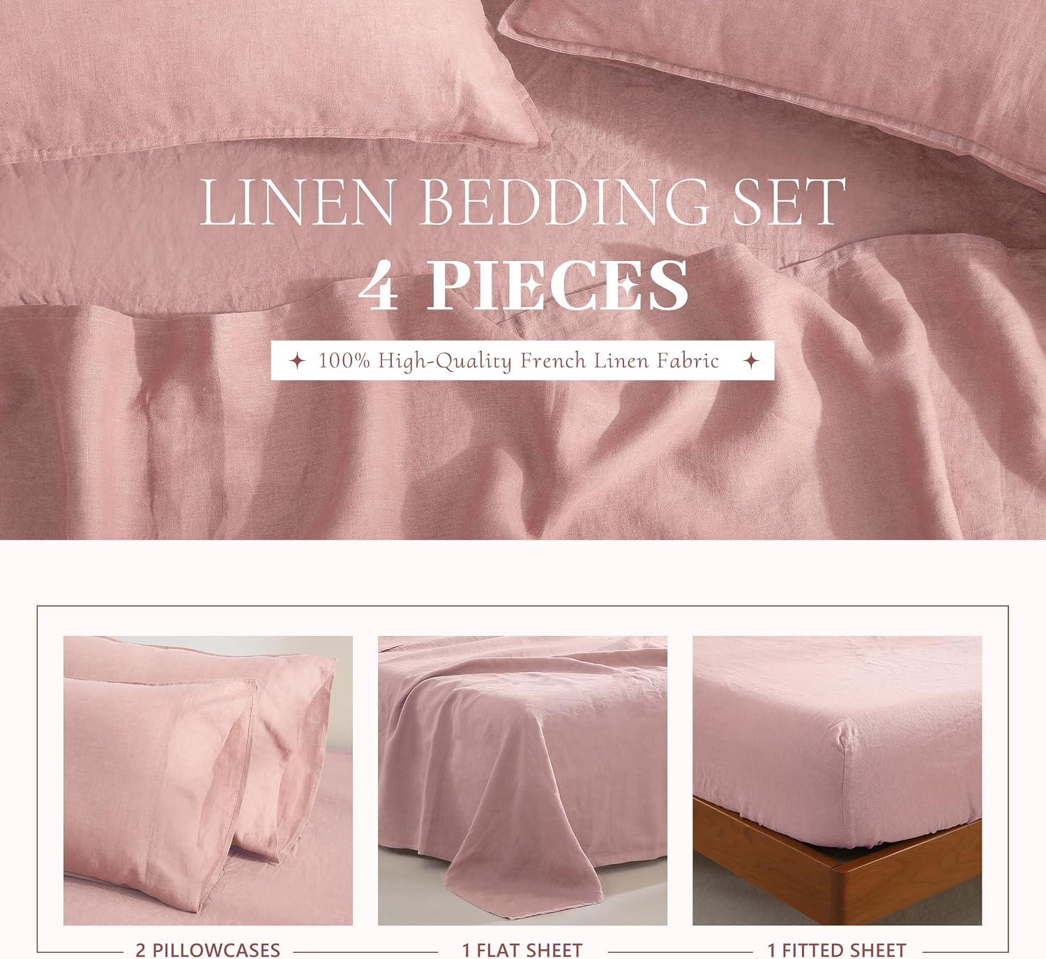 100% French Linen Sheets Set Queen Size-4Pcs Natural Washed Flax Bed Sheets Soft Breathable and Durable- 1 Flat Sheet 1 Fitted Sheet 2 Pillowcases (Pink, Queen)