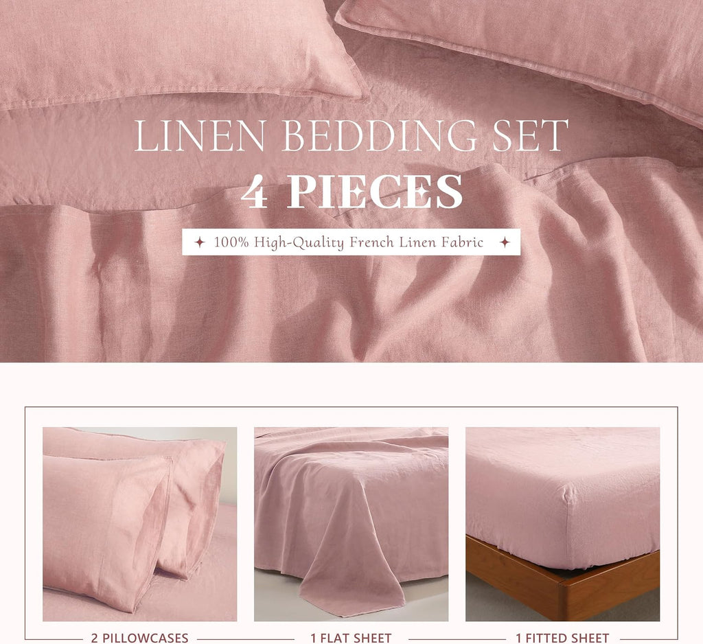 100% French Linen Sheets Set King Size-4Pcs Natural Washed Flax Bed Sheets Soft Breathable and Durable- 1 Flat Sheet 1 Fitted Sheet 2 Pillowcases (Pink, King)