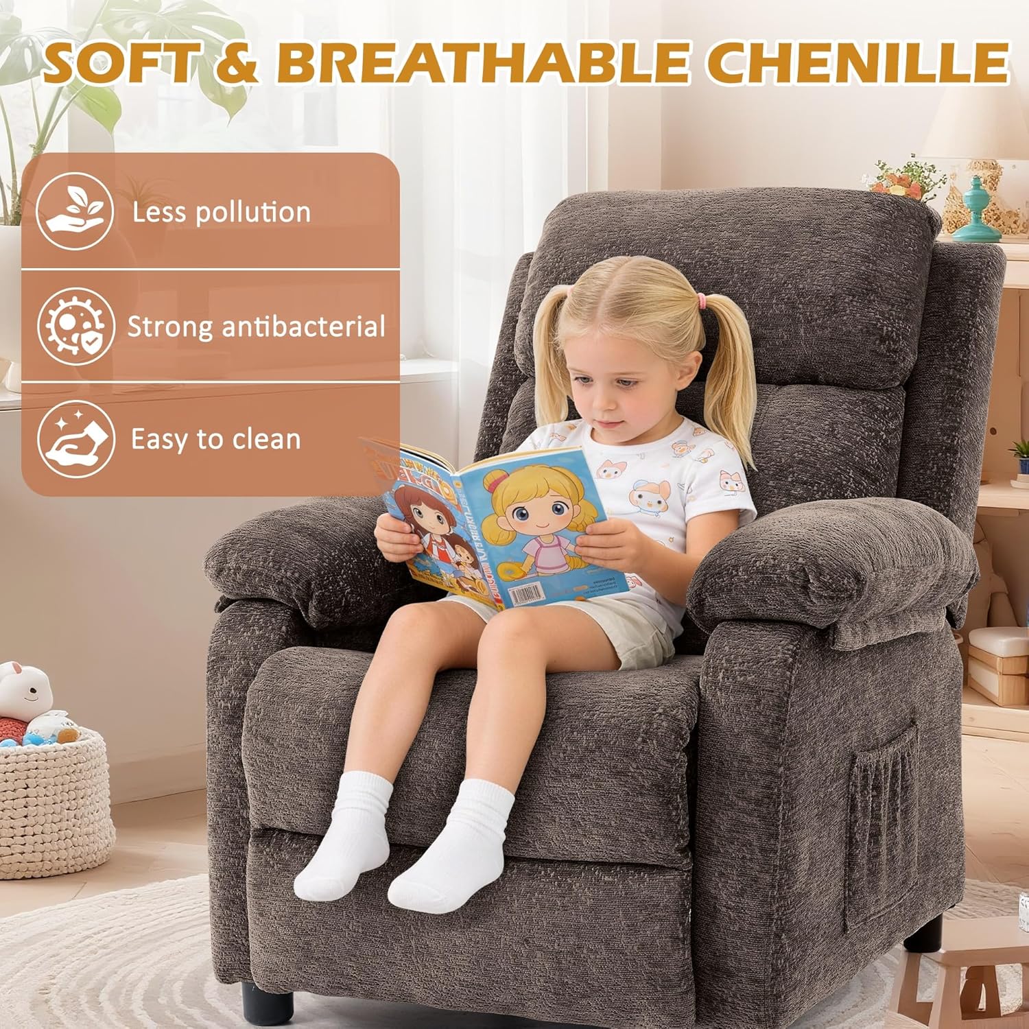 Korser Recliner Chair, Living Room Chairs for Adults, Padded Deep Seat Reading Chair with Side Pockets, Small Recliners for Small Spaces, Lounge Chair for Living Room, Bedroom, and RV (Chenille)