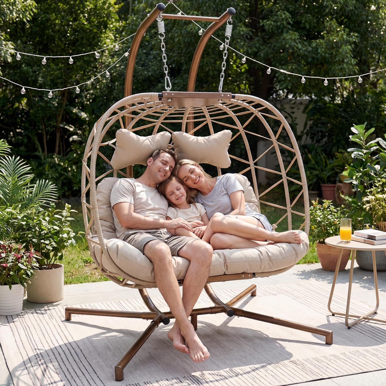 RADIATA 2 Person Hanging Egg Chair with Stand, Outdoor Double Egg Chair Swing with Foldable Basket, XL Wicker Double Egg Swing Chair with Thick Cushions for Patio Backyard Porch Balcony Deck, Beige