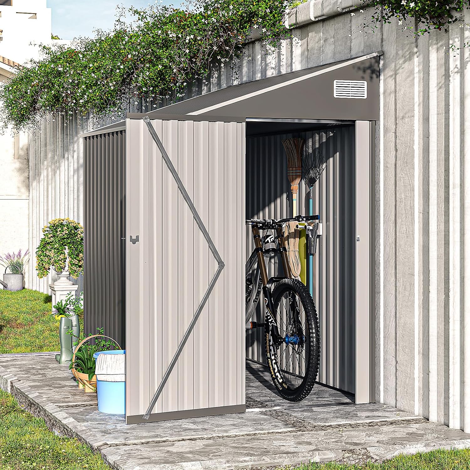 8 X 4 Ft Outdoor Storage Shed, Metal Garden Tool Shed with Lockable Door, Outdoor Door Storage Cabinet for Patio, Garage, Poolside, Bikes, and Garden (Gray)