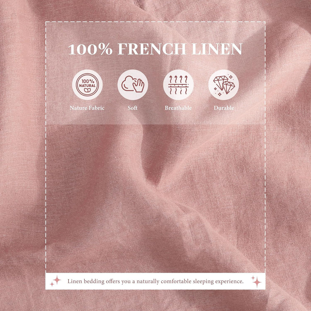 100% French Linen Sheets Set Queen Size-4Pcs Natural Washed Flax Bed Sheets Soft Breathable and Durable- 1 Flat Sheet 1 Fitted Sheet 2 Pillowcases (Pink, Queen)