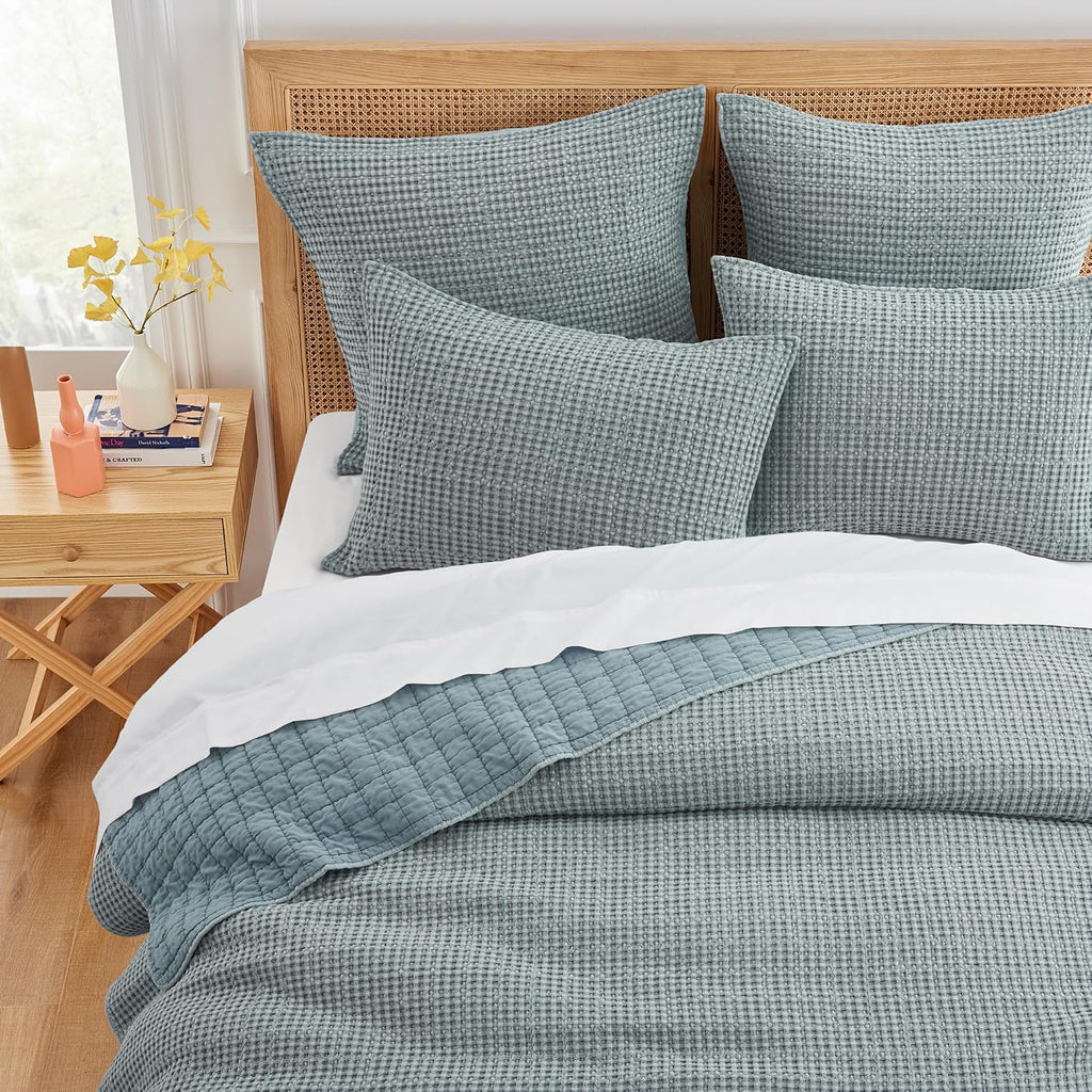 Levtex Home Mills Waffle Full/Queen Quilt Set (88x92in) with 2 Pillow Shams (26x20in) - Chambray - Cotton Waffle Full/Queen Size Quilt Bedding Set - Lightweight, Soft, Pre-Washed