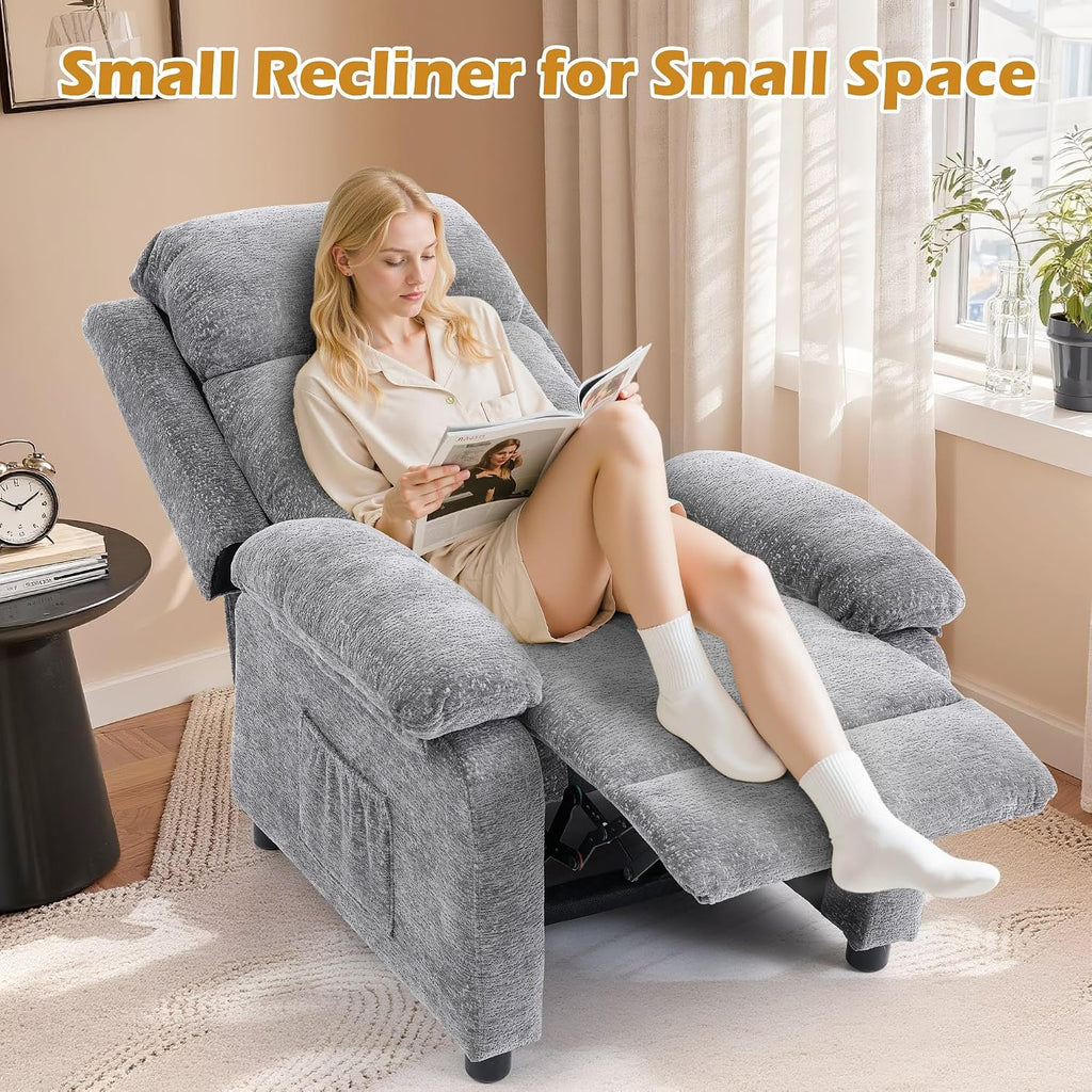 Korser Recliner Chair, Living Room Chairs for Adults, Padded Deep Seat Reading Chair with Side Pockets, Small Recliners for Small Spaces, Lounge Chair for Living Room, Bedroom, and RV (Chenille)