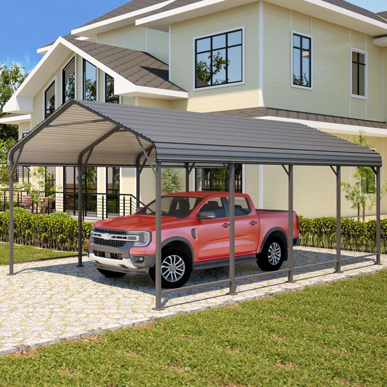 Wisteria Lane 12 x 20 FT Metal Carport, Heavy Duty Carport Canopy with Reinforced Frame and Base for All-Weather, Outdoor Garage Car Port for Boats, Tractors, Pickup Trucks or Party, Dark Gray