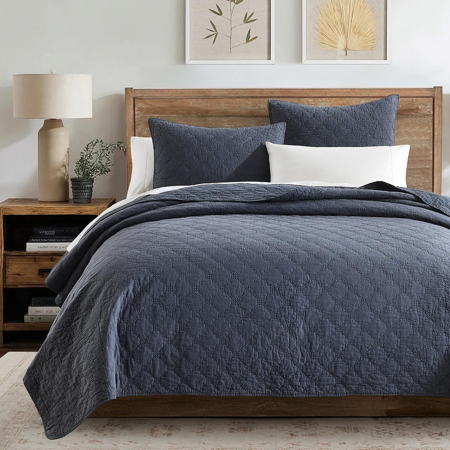 HORIMOTE HOME 55% Linen Front/100% Cotton Back Quilt Set King Size, Steel Blue Pre-Washed Cotton Linen Quilt Set, Geometric Stitched Pattern Bedspread Coverlet Bedding Set 3-Piece for All Seasons