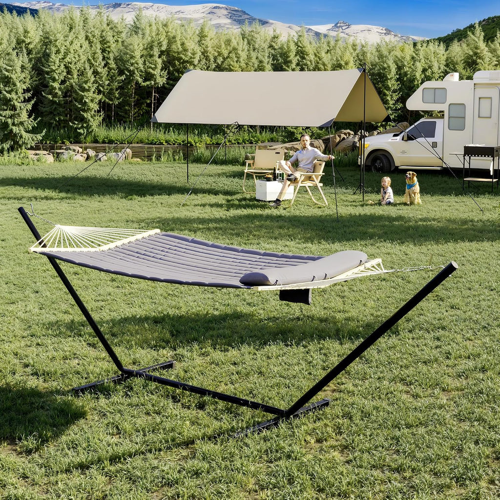 GarveeHome 2 Person Outdoor Hammock with Stand, Portable Hammock, Heavy Duty Hammock with Carrying Bag, Soft Pillow, Balance Ropes, for Patio, Backyard, Garden, Beach, Dark Gray