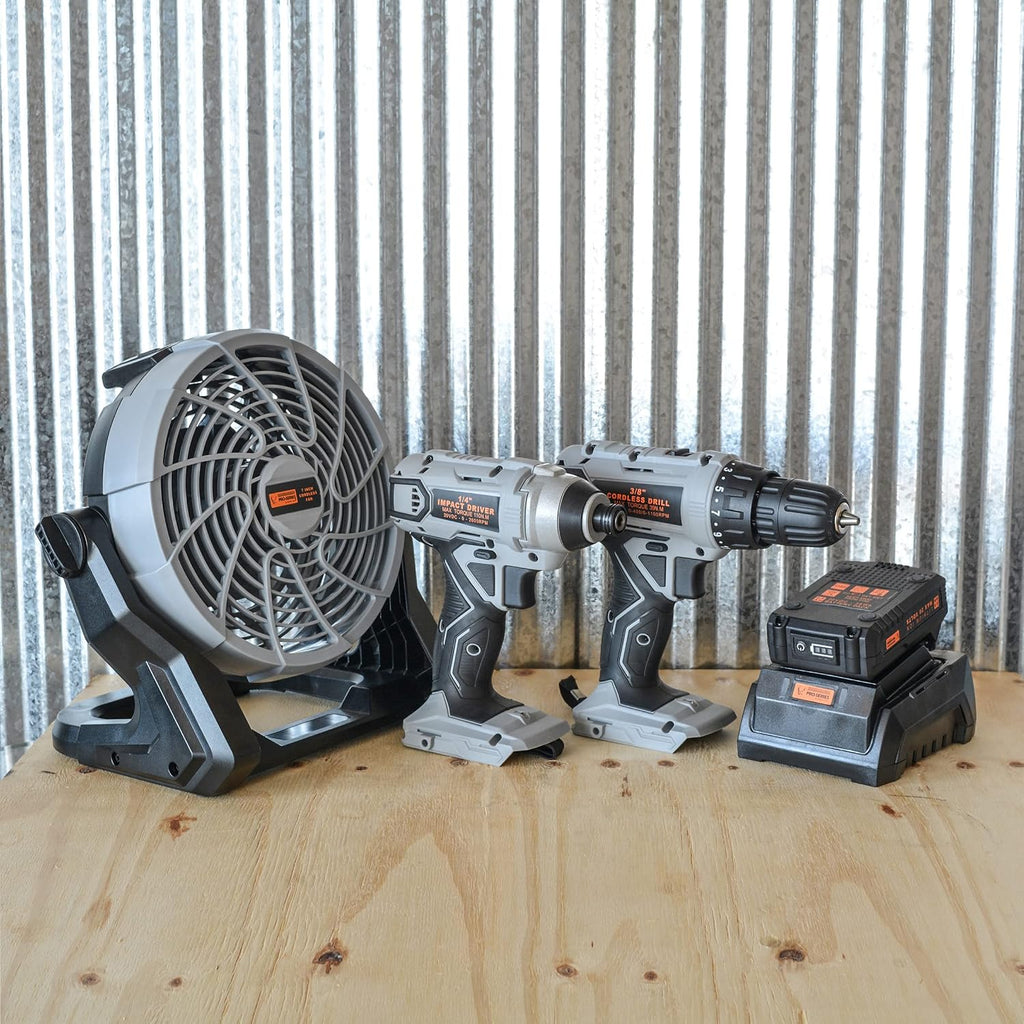 Buffalo Tools LIDDFKIT20: 5 Piece Combo Kit With Fan - 3/8 Inch Drill And 1/4 Inch Impact Driver Set With 20V Lithium Ion Rechargeable Battery And Charger And 3-Speed Cordless Fan