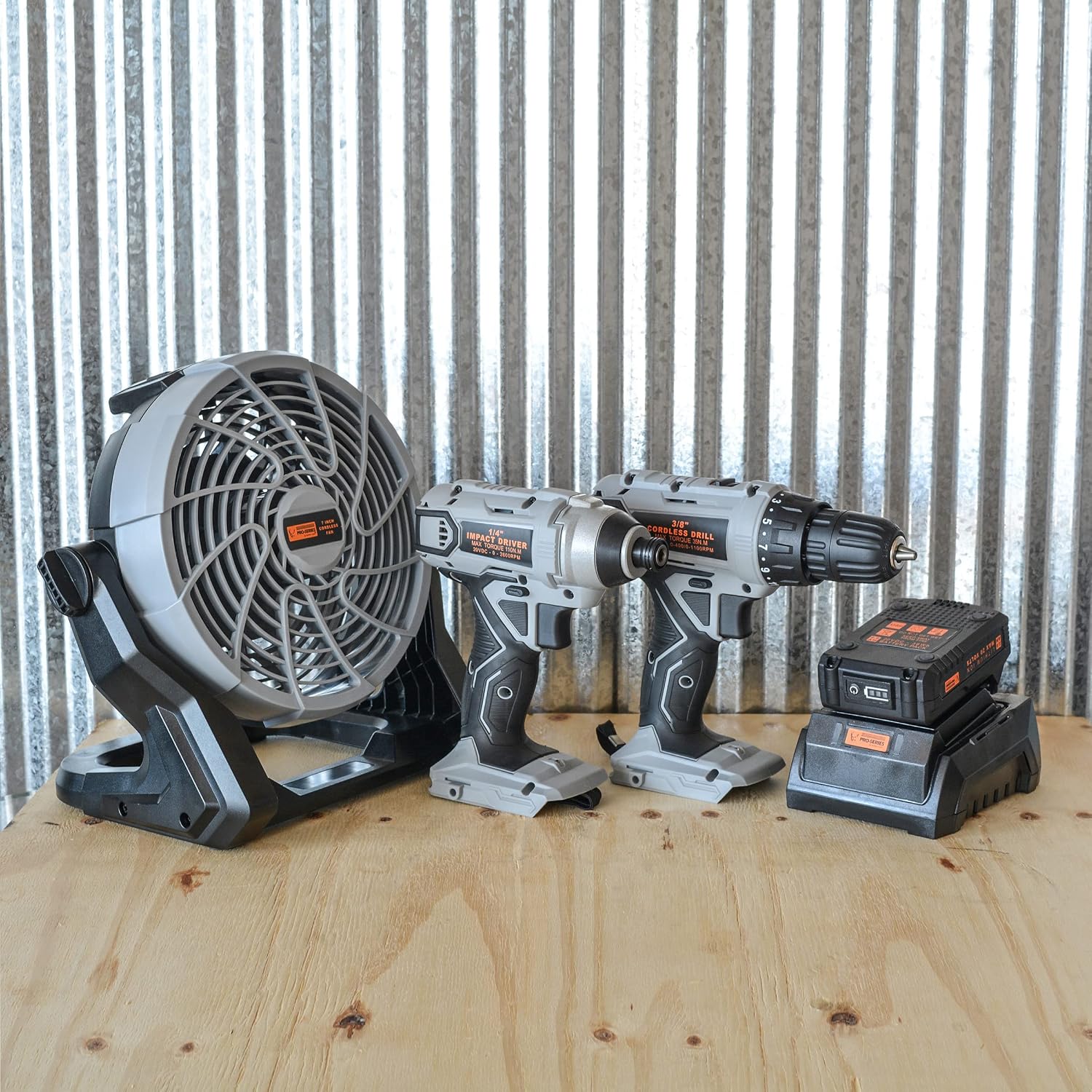 Buffalo Tools LIDDFKIT20: 5 Piece Combo Kit With Fan - 3/8 Inch Drill And 1/4 Inch Impact Driver Set With 20V Lithium Ion Rechargeable Battery And Charger And 3-Speed Cordless Fan