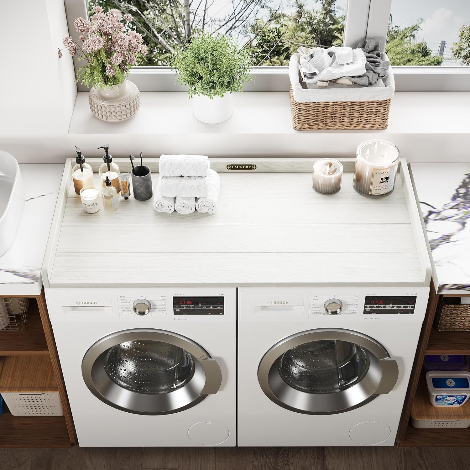 No-Installation HDPE Washer Dryer Countertop, Washer and Dryer Topper Covers for The Top, Laundry Countertop Laundry Room Organization No Water Leakage White