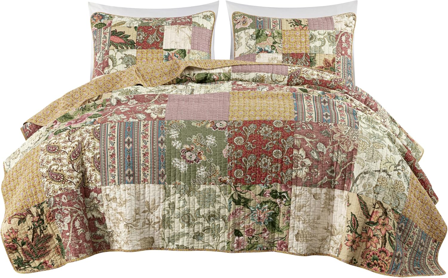 Chezmoi Collection Delaney 3-Piece Floral Patchwork Pre-Washed 100% Cotton Quilt Set, Queen