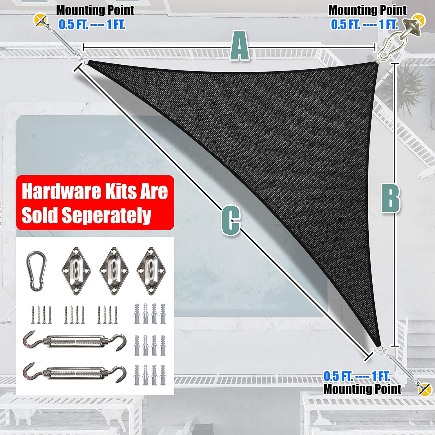 Amgo Custom Size 12' x 20' x 23.3' Black Right Triangle Sun Shade Sail UPF50+ AGTAPT22, Order to Make Canopy Awning, 95% UV Blockage, Water & Air Permeable, Commercial Standard (We Customize)