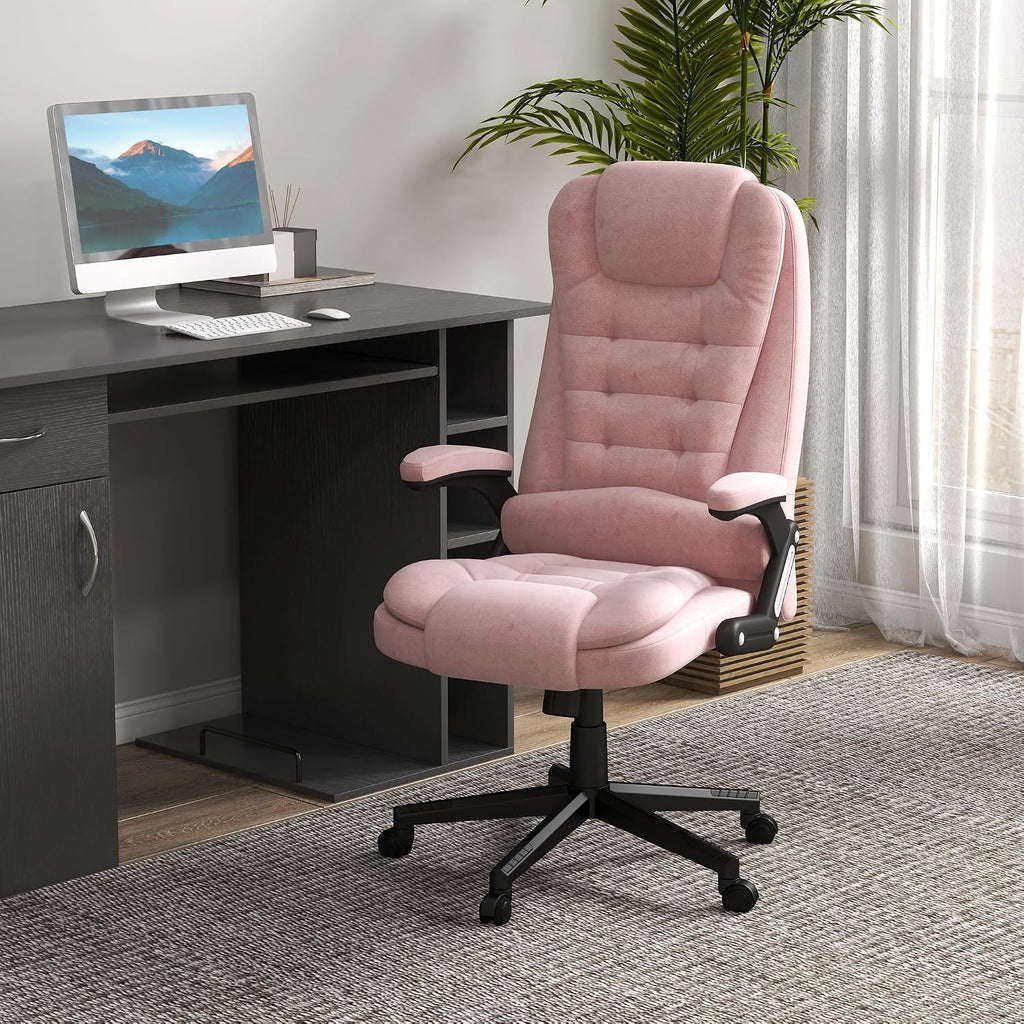 HOMCOM Executive Office Chair with 6 Points Vibration Massage and Heated Lumbar Support, Velvet High Back Computer Chair with Reclining Backrest, Tilt Function and Padded Armrests, Pink