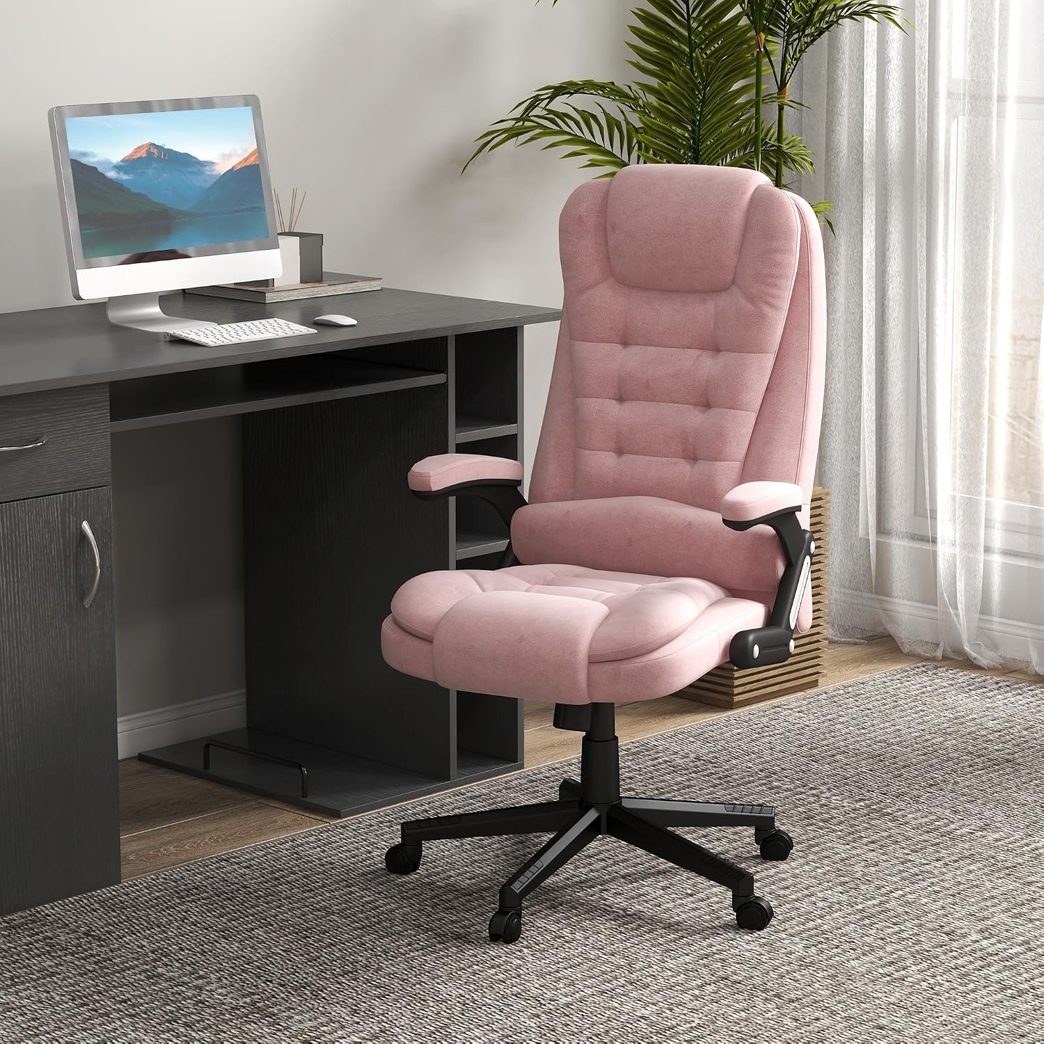 HOMCOM Executive Office Chair with 6 Points Vibration Massage and Heated Lumbar Support, Velvet High Back Computer Chair with Reclining Backrest, Tilt Function and Padded Armrests, Pink