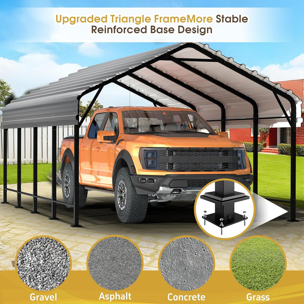 JAMFLY Carport, Heavy Duty Carport Canopy with Galvanized Steel Roof and Frame, Metal Car Garage Upgraded Extra Large Garage for Pickup, Boat, Car and Tractors, 12x20FT Grey