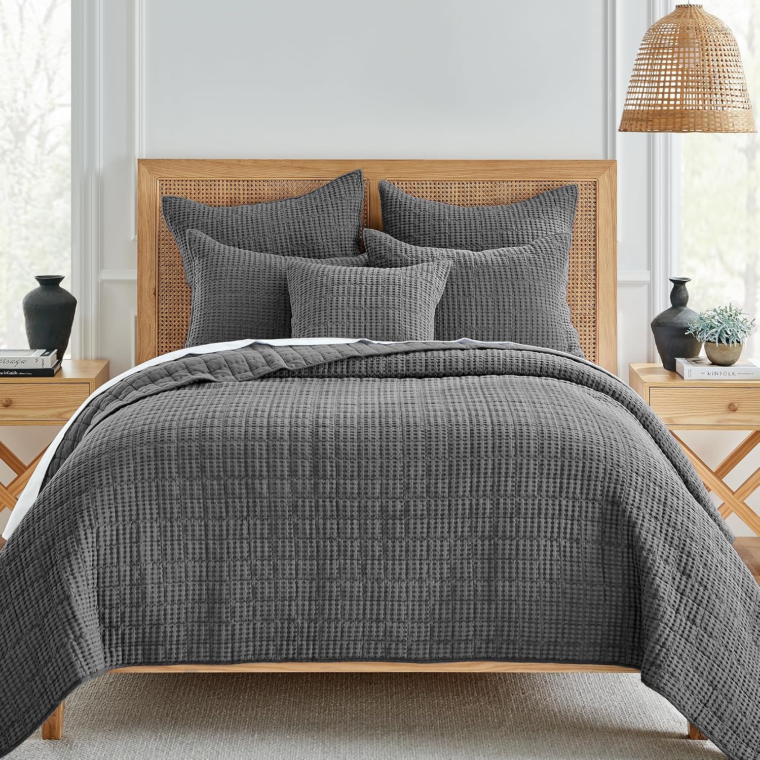Levtex Home Mills Waffle Full/Queen Quilt Set (88x92in) with 2 Pillow Shams (26x20in) - Charcoal - 100% Cotton Full/Queen Size Quilt Bedding Set - Lightweight, Soft, Pre-Washed